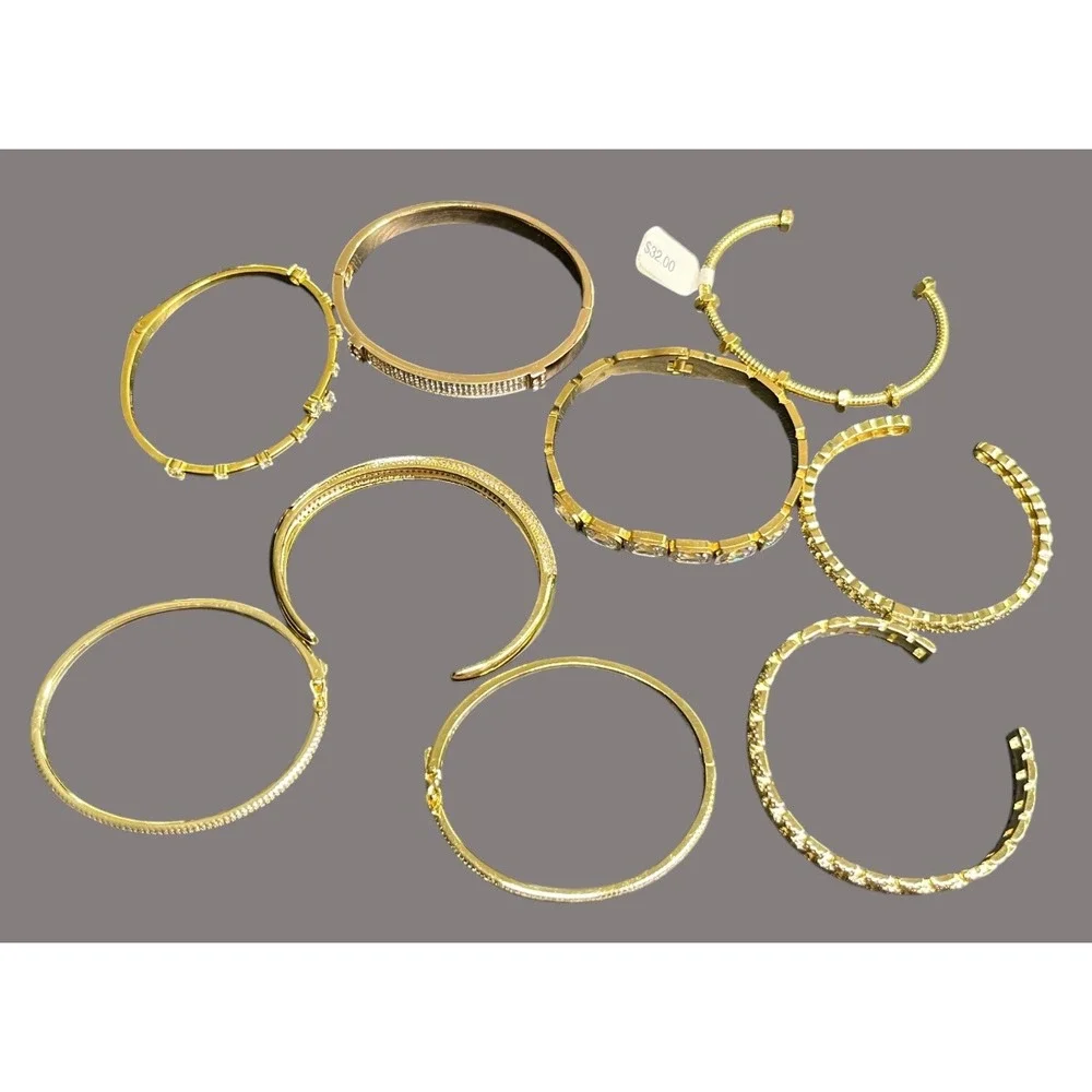 LOT OF 9 BRACELETS Cuff and Bangle Bracelet CLEAR STONES Gold Tone ELEGANT BLING